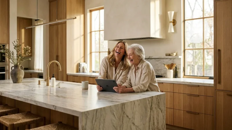 An adult daughter and elderly mother sharing a happy moment in a bright, modern kitchen.