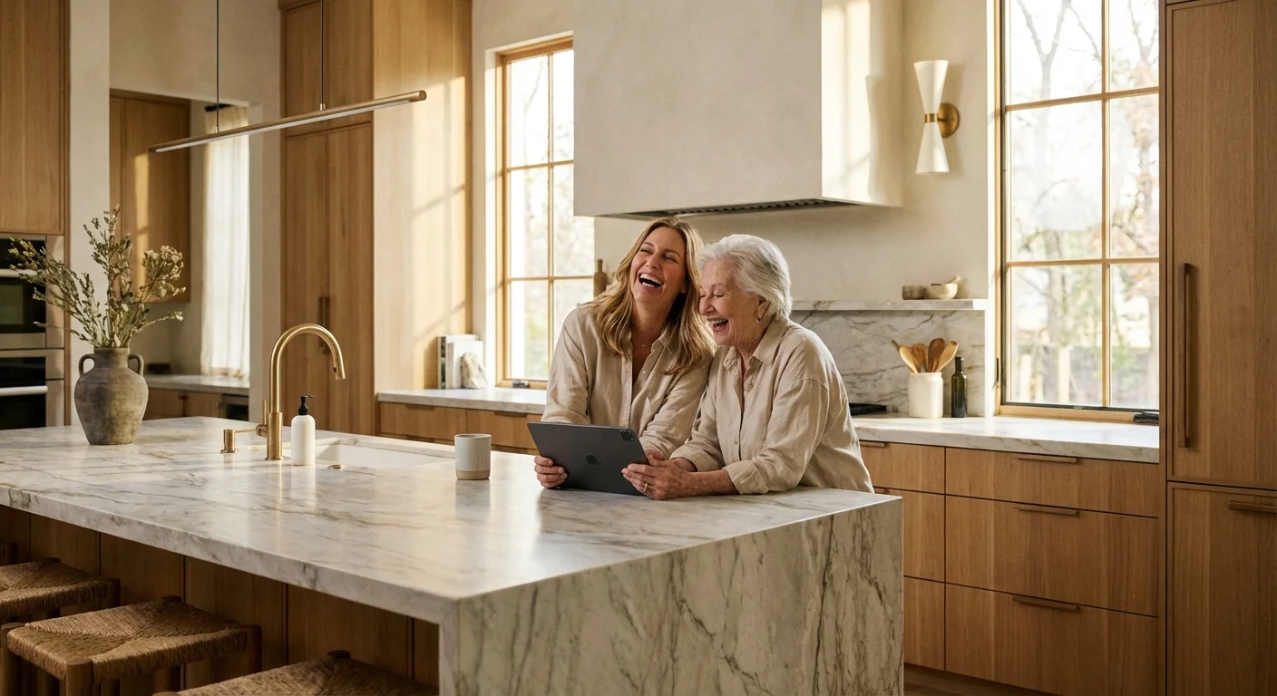 An adult daughter and elderly mother sharing a happy moment in a bright, modern kitchen.