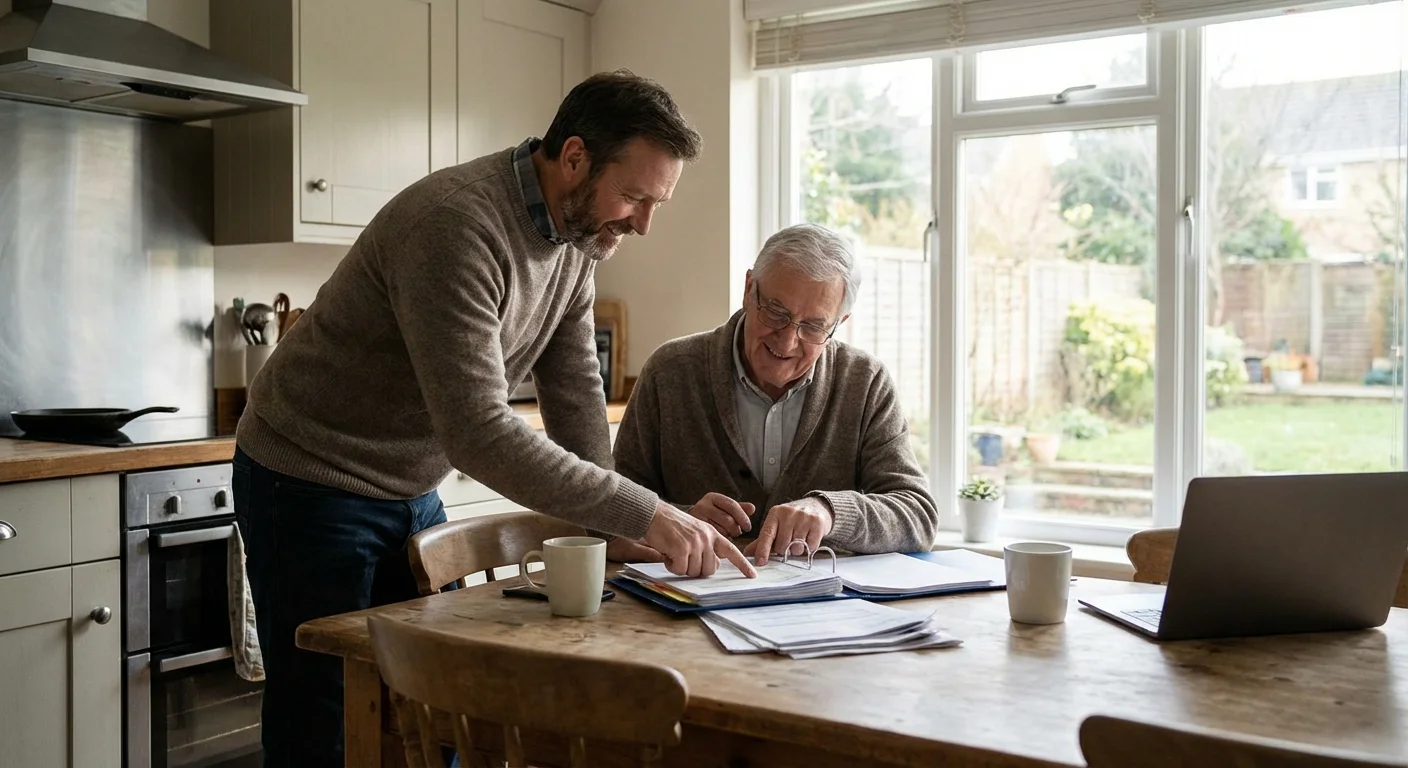 An adult son helping his elderly father organize financial documents at a dining table.
