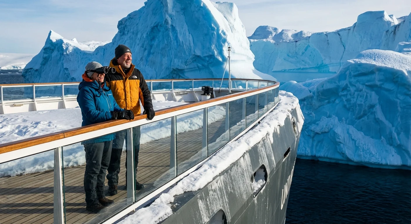 An adventurous couple viewing icebergs from a ship in Antarctica.