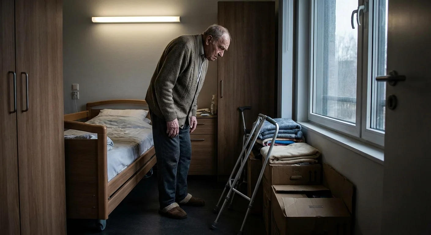 An elderly man observing a cluttered walkway in a senior living facility room.