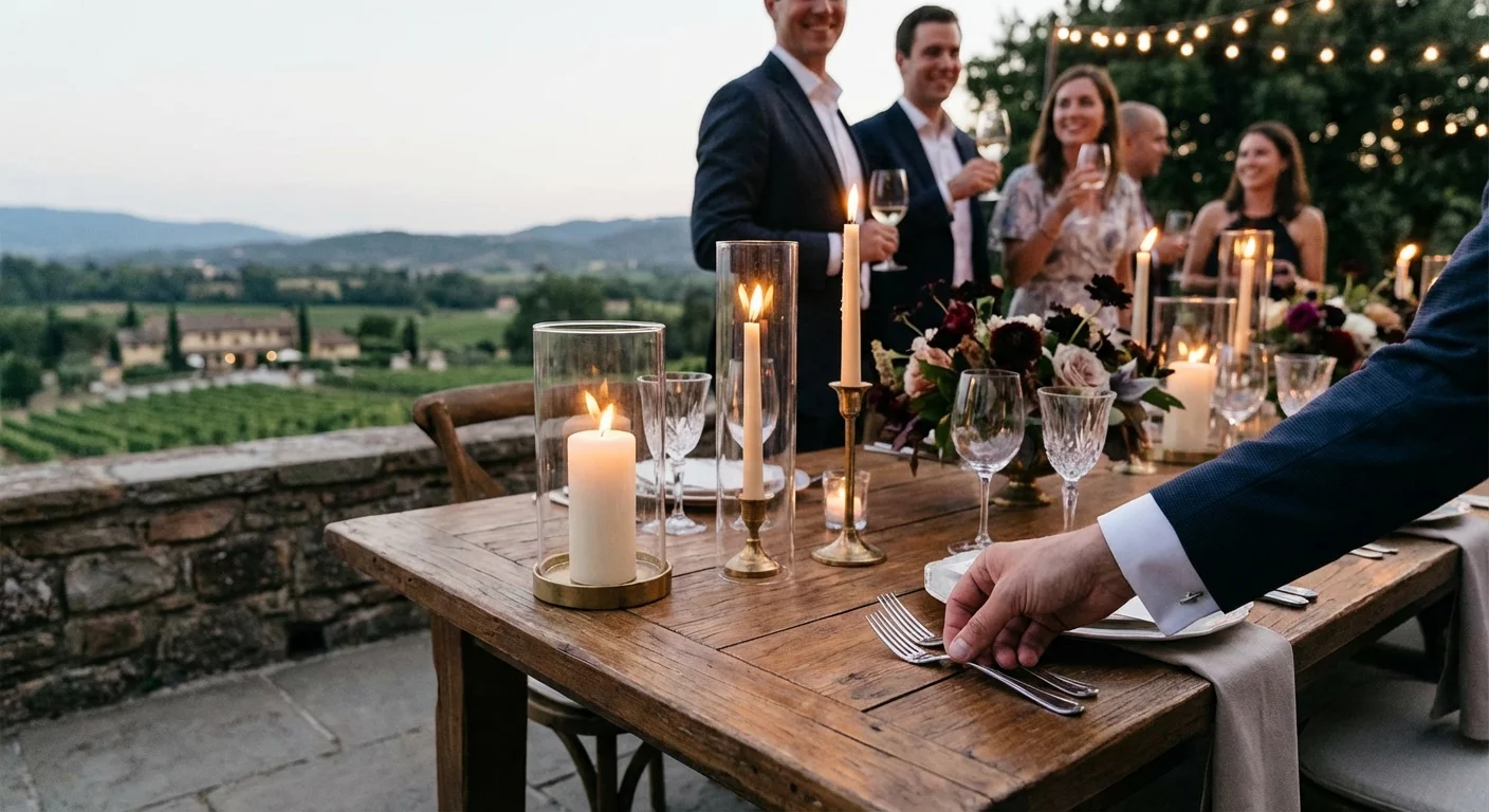 An elegant outdoor dinner table set with candles and wine glasses.
