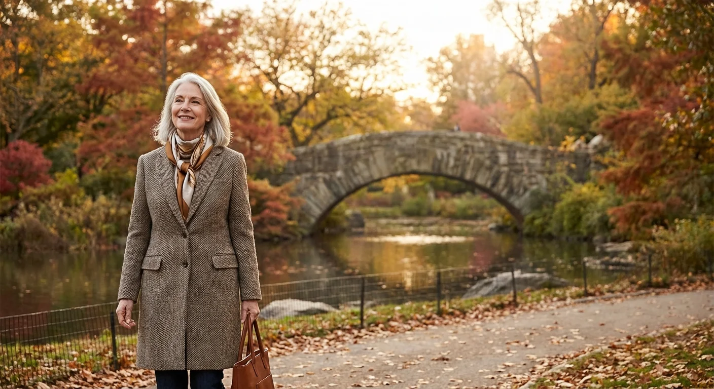 An elegant retiree enjoying a scenic stroll in a New York park.