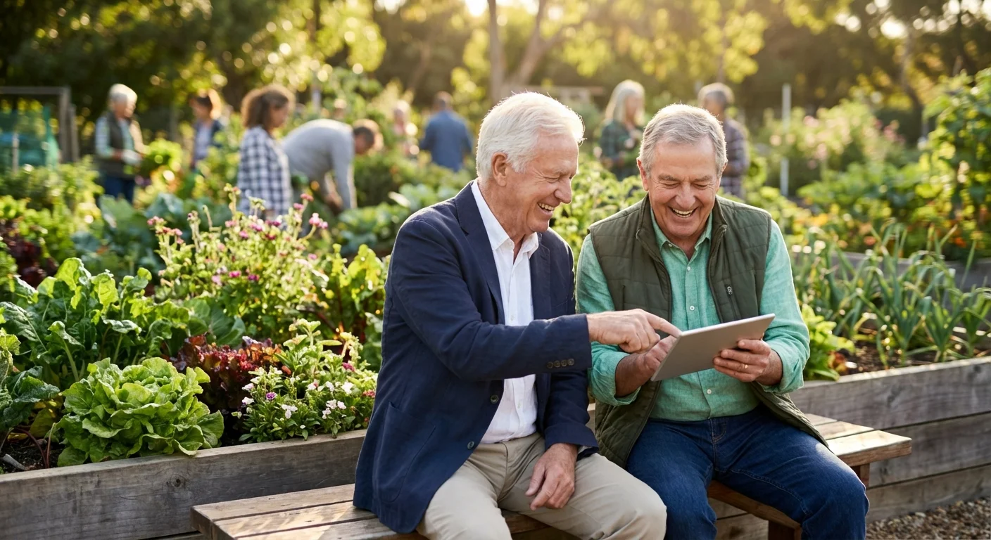 An energetic senior man sharing a digital tablet with a friend in a sunny outdoor park setting.