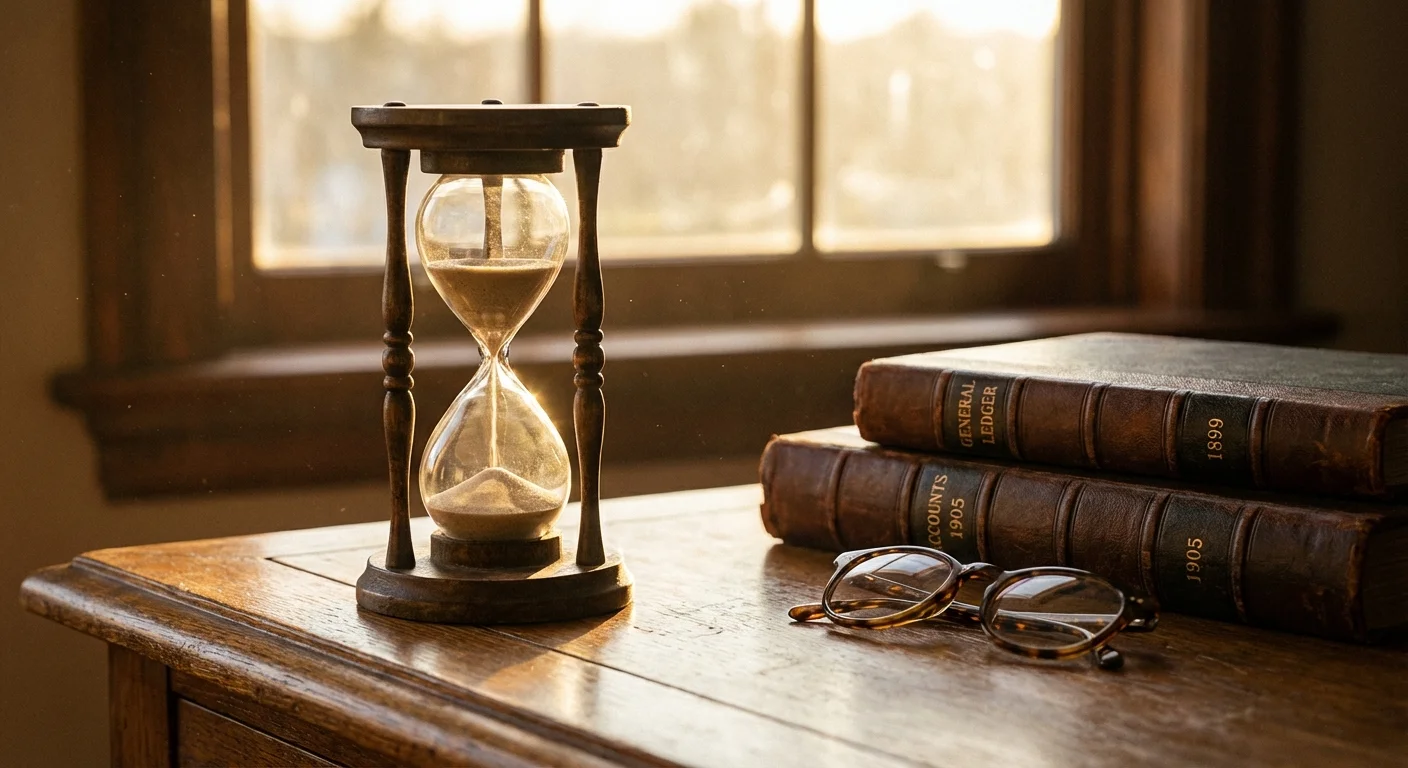 An hourglass and financial documents on a desk, symbolizing the passage of time.