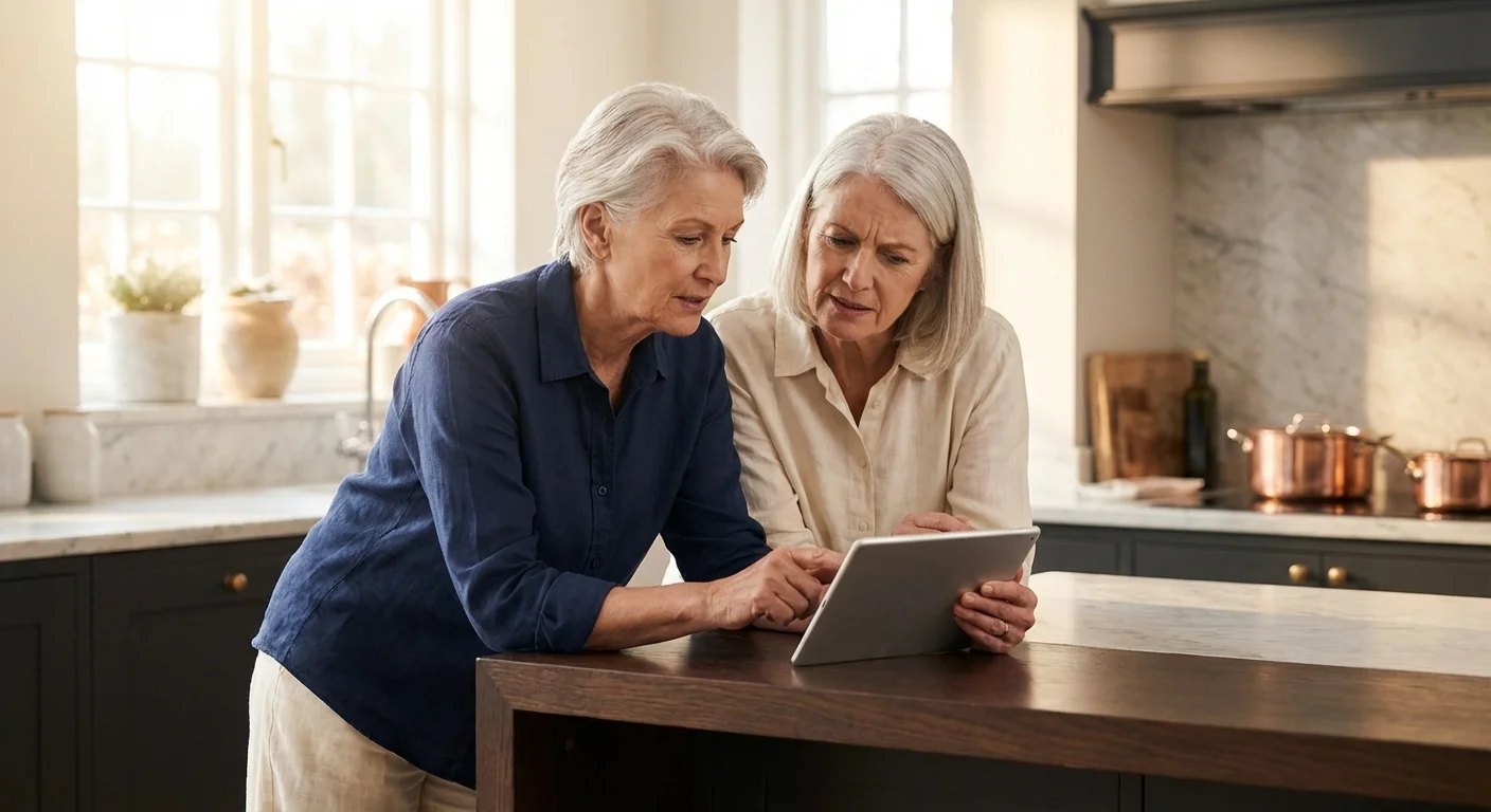 An older couple carefully reviewing information on a digital tablet in a sunlit modern kitchen.