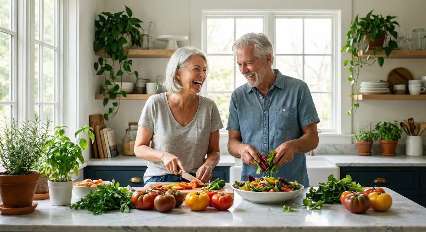 An older couple enjoying cooking a healthy meal together at home in a bright kitchen.