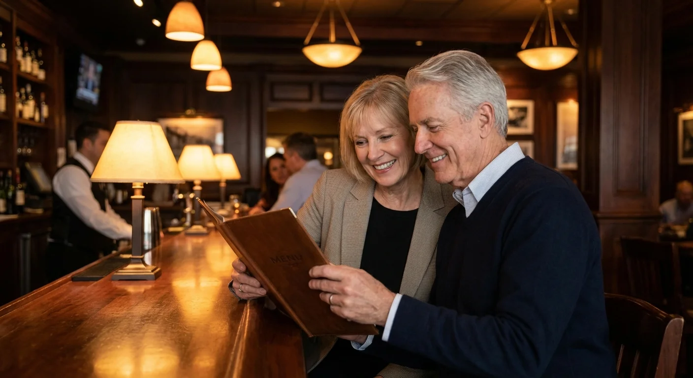 An older couple smiling while looking at a menu at a high-end steakhouse bar.