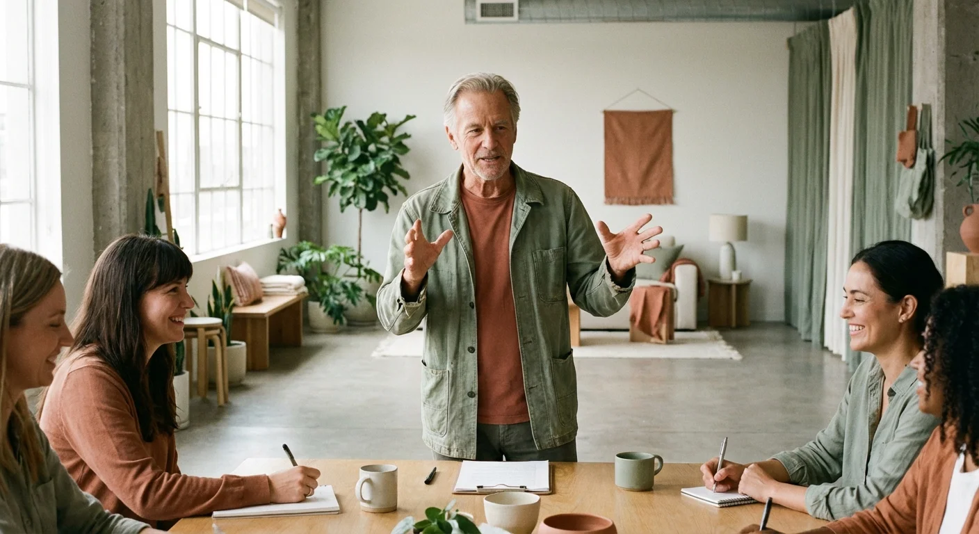 An older man teaching a workshop, showing that retirement can include active work.