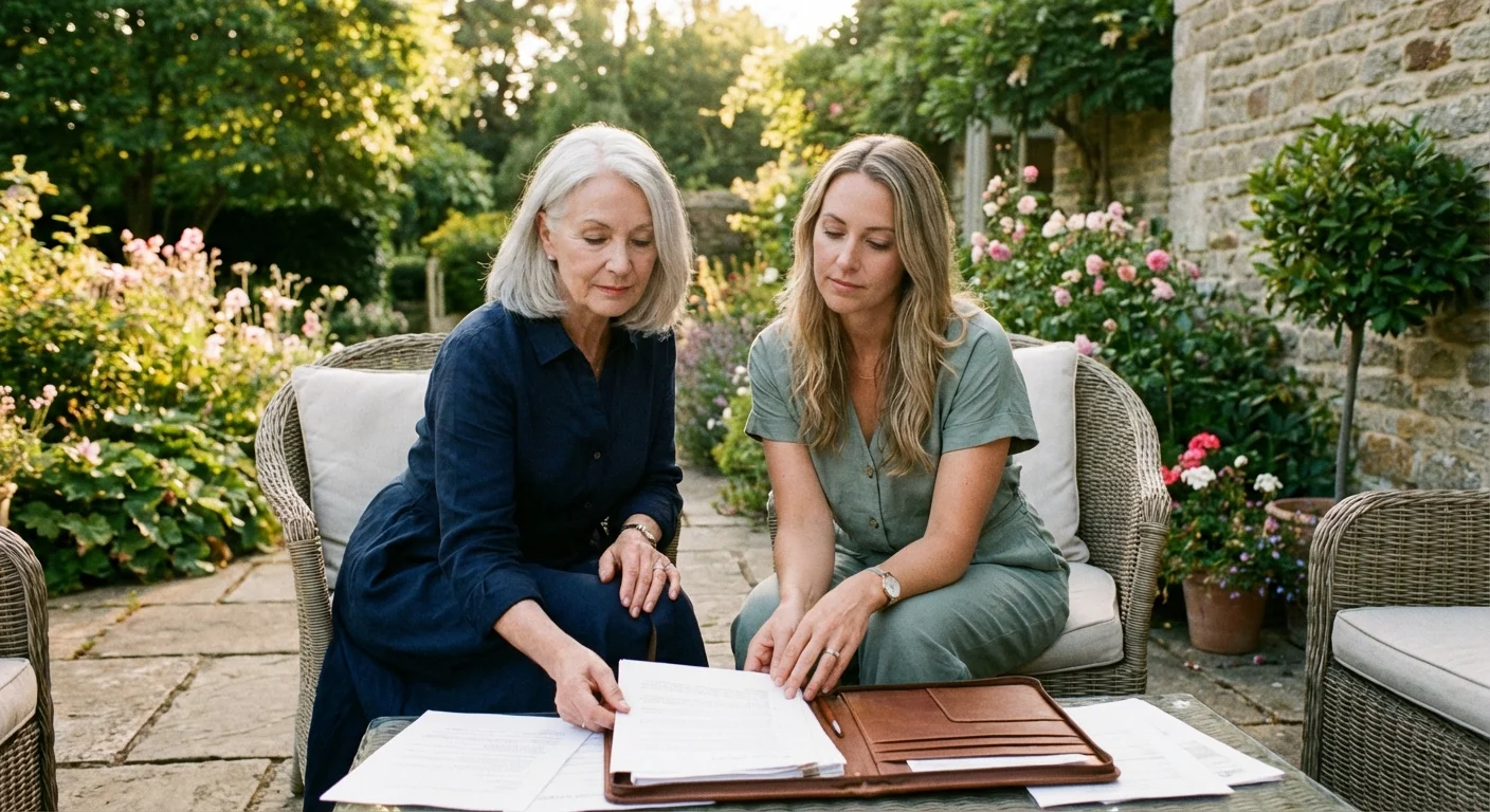 An older woman and her adult daughter discussing documents on a patio.