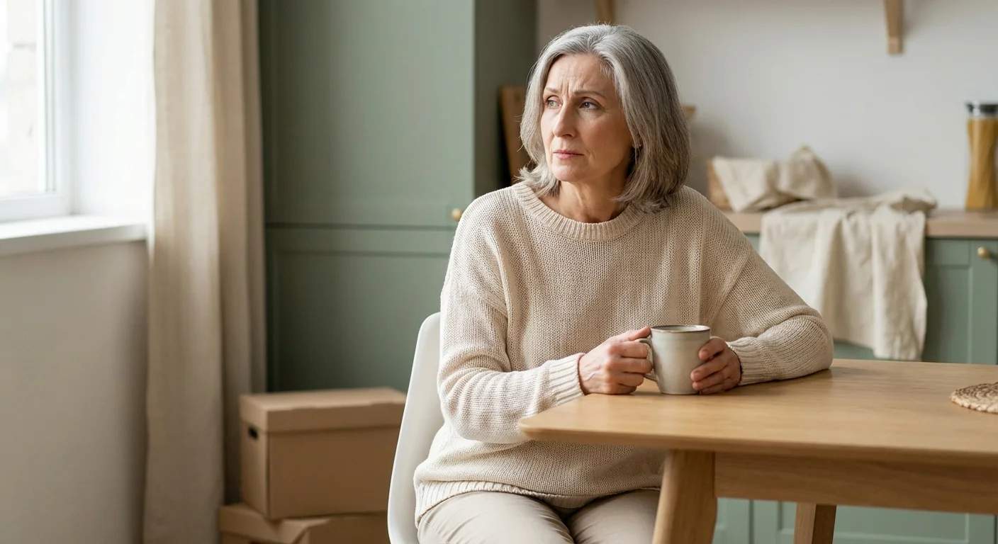 An older woman sitting at a kitchen table looking contemplative and slightly stressed.