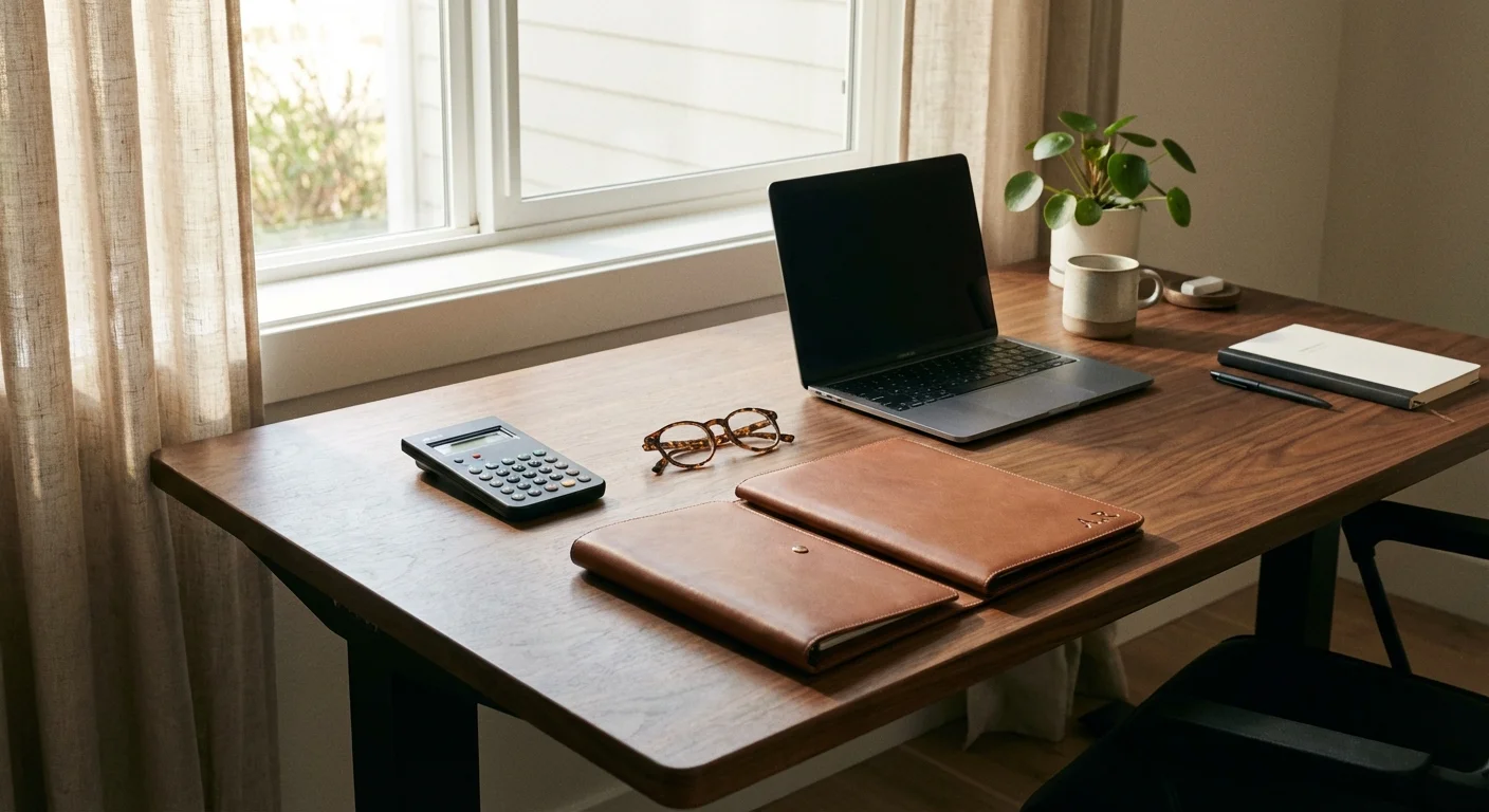 An organized desk with a calculator and folders, representing the complexity of state taxes on retirement benefits.