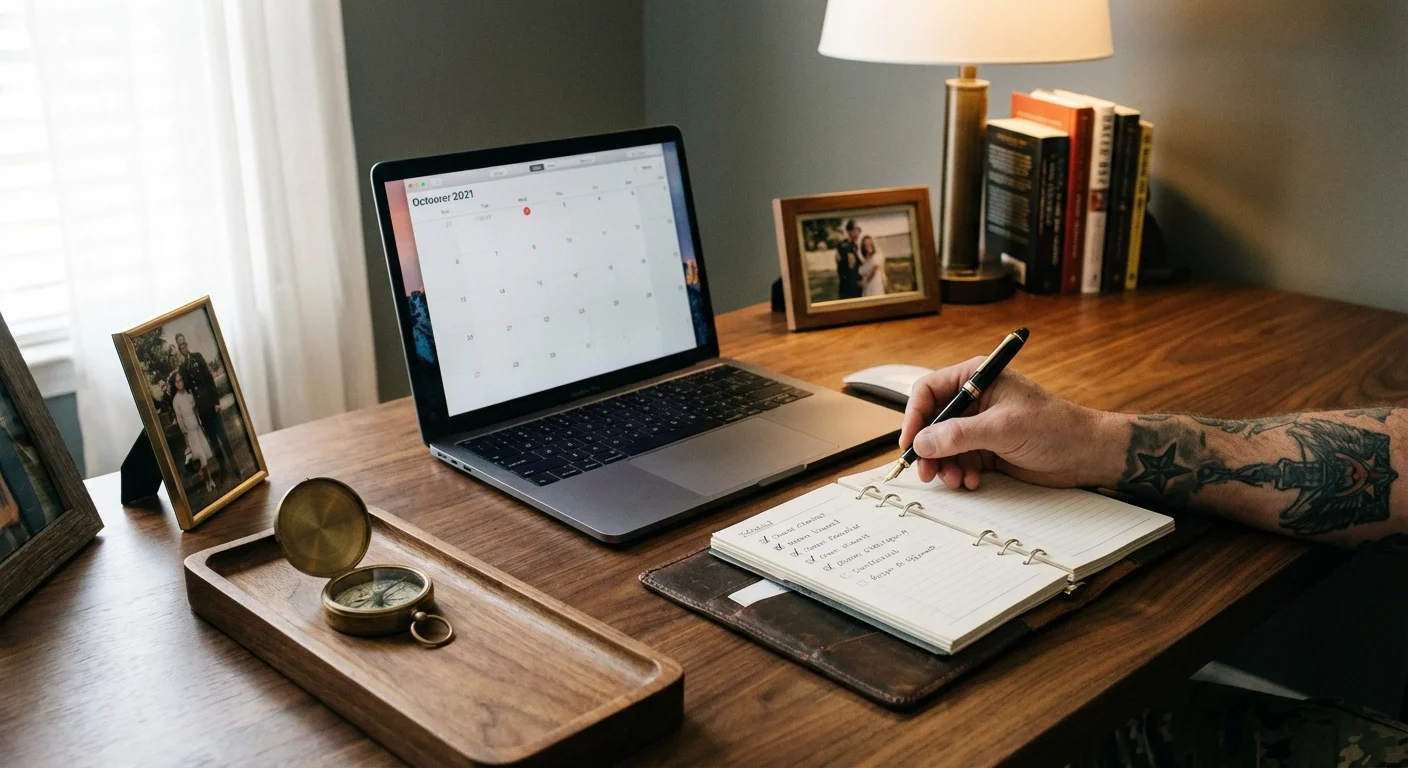 An organized desk with a planner and compass, representing a strategic job search project.