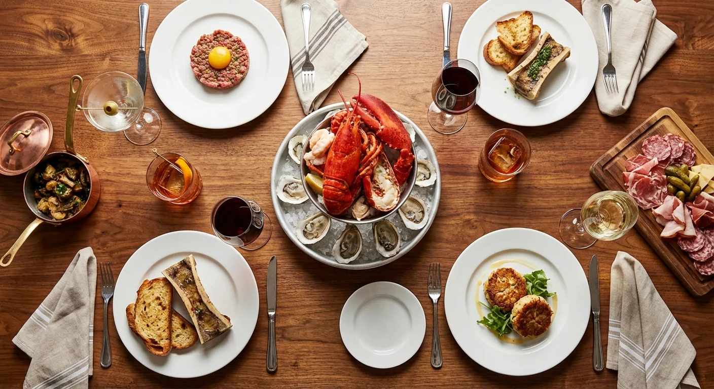 An overhead view of a variety of steakhouse appetizers and drinks arranged on a wooden table.