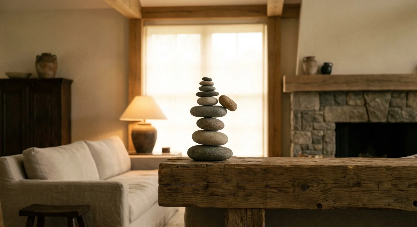 Balanced river stones on a wooden surface, showing a slight tilt in alignment.