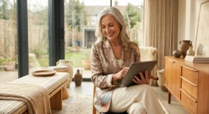 A confident retiree working on a tablet in a bright, modern home office during the morning.