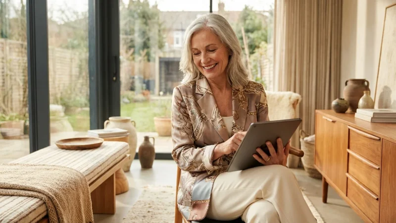 A confident retiree working on a tablet in a bright, modern home office during the morning.