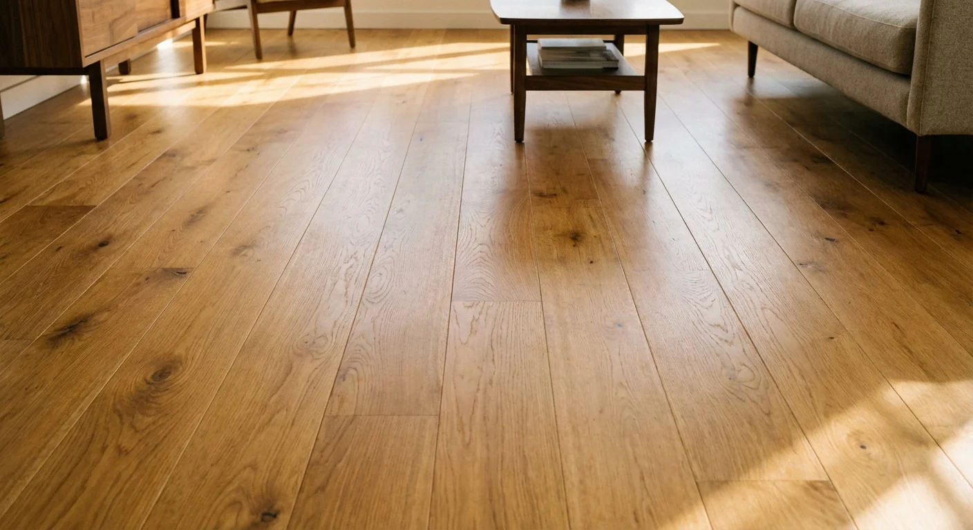 Clean, polished hardwood floors without rugs to prevent tripping hazards.