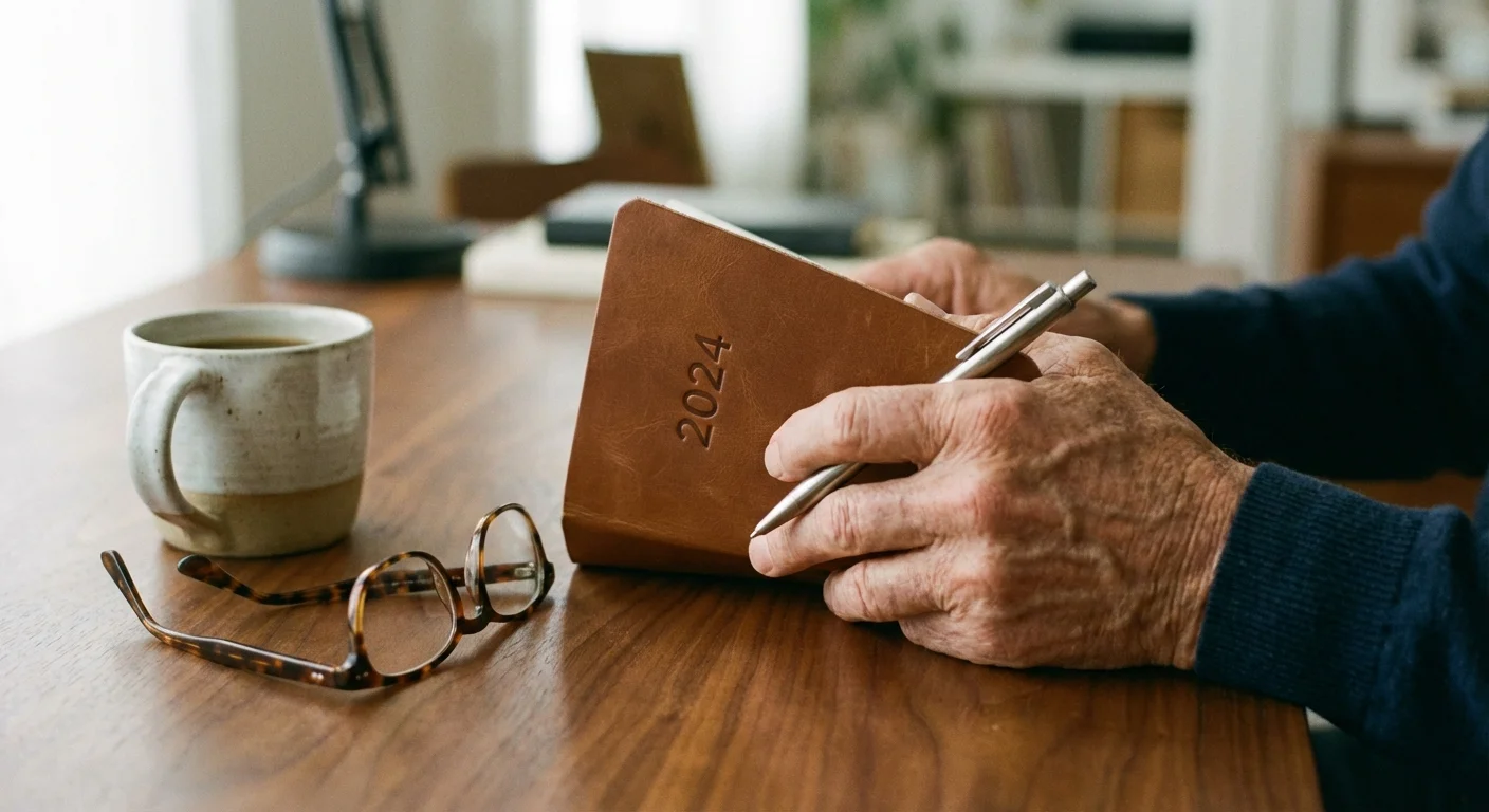 Close-up of a 2024 planner and reading glasses on a desk, representing preparation for the new tax year.
