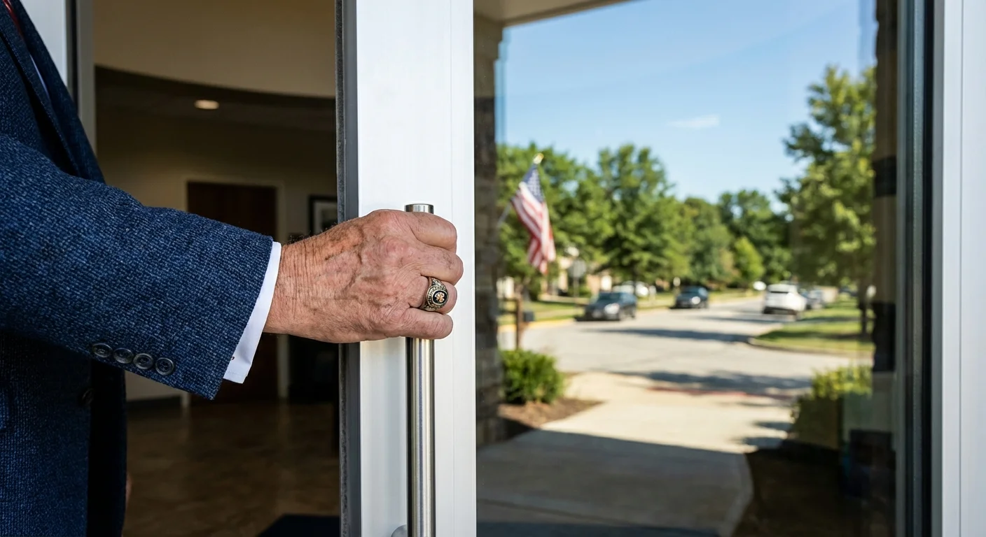Close-up of a hand opening a glass office door, symbolizing new career opportunities.