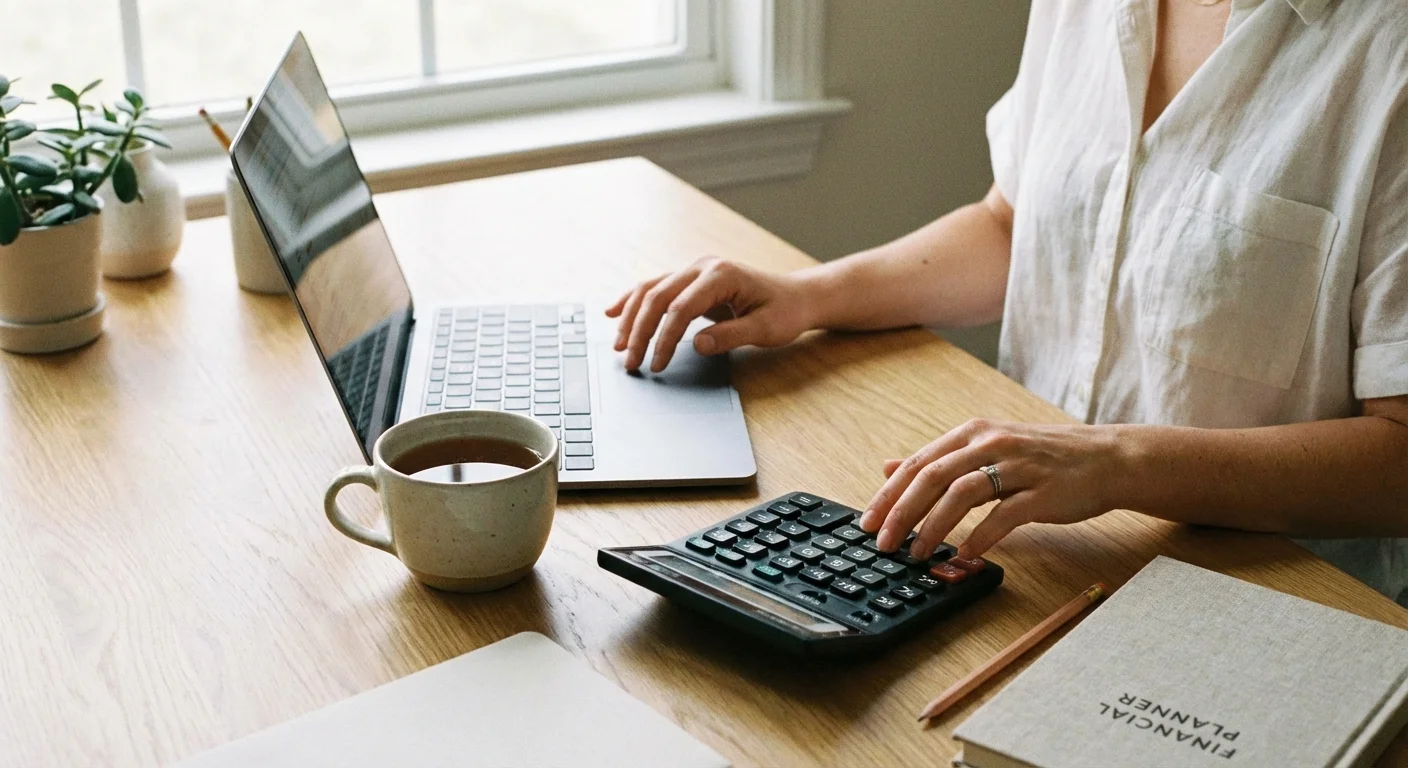 Close-up of a person organizing bills and using a calculator at a clean, sunlit desk.