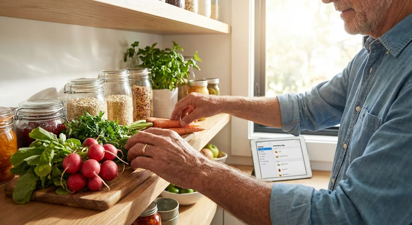 Close-up of a person organizing fresh groceries in a bright, modern kitchen pantry.