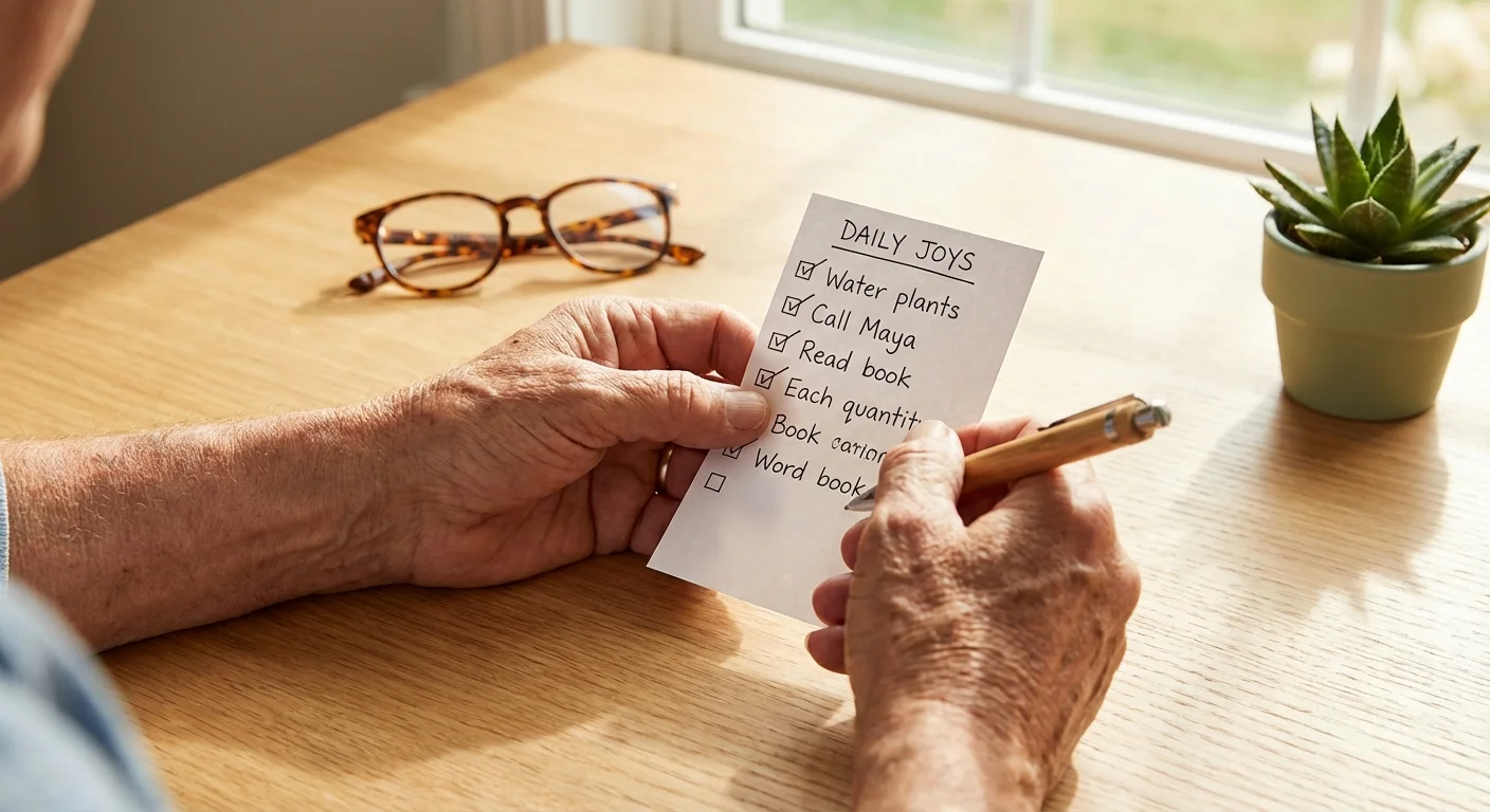 Close-up of a person's hands holding a checklist and pen on a bright table.
