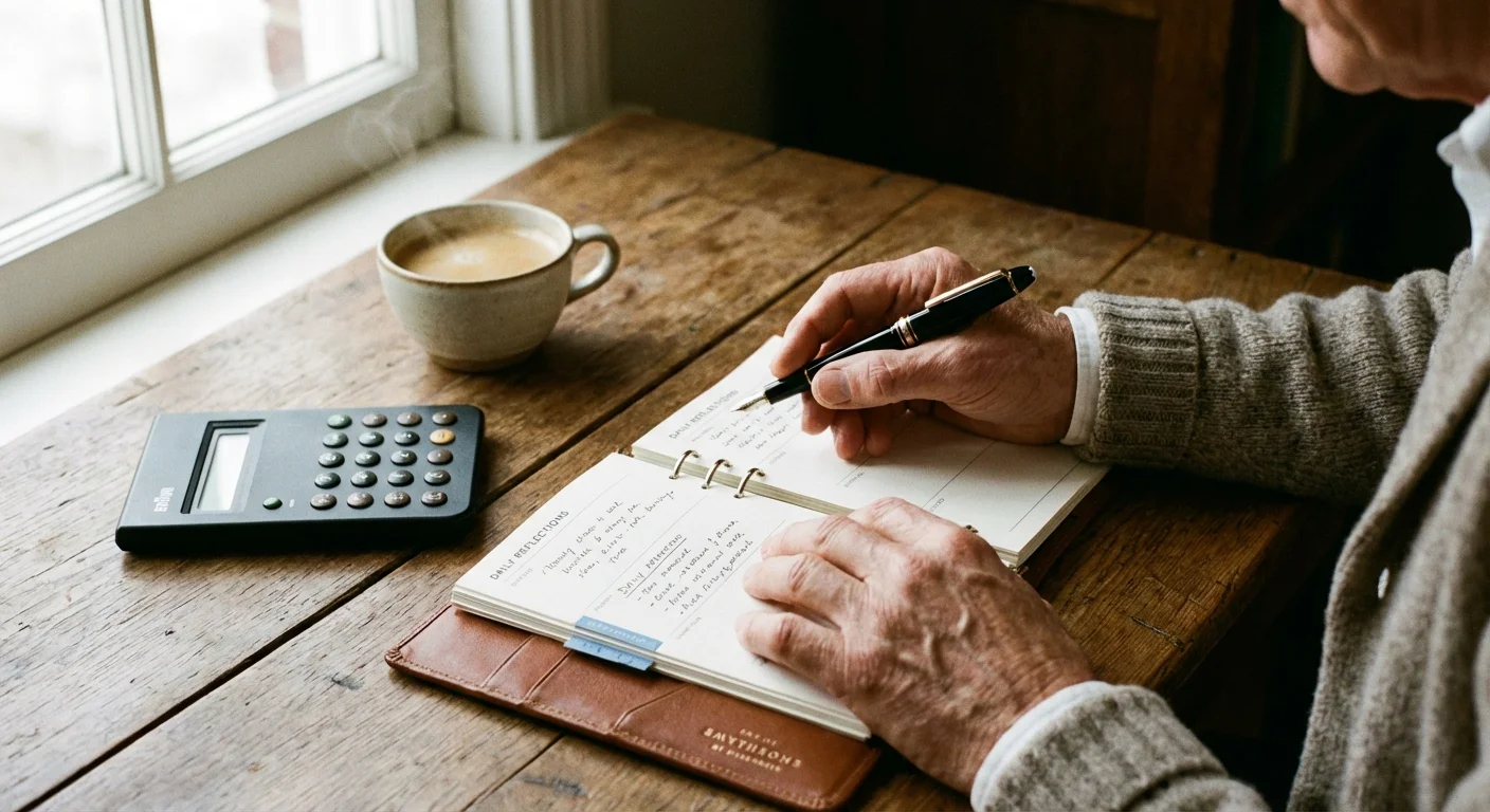 Close-up of a person's hands organizing finances with a planner and calculator on a wooden desk.