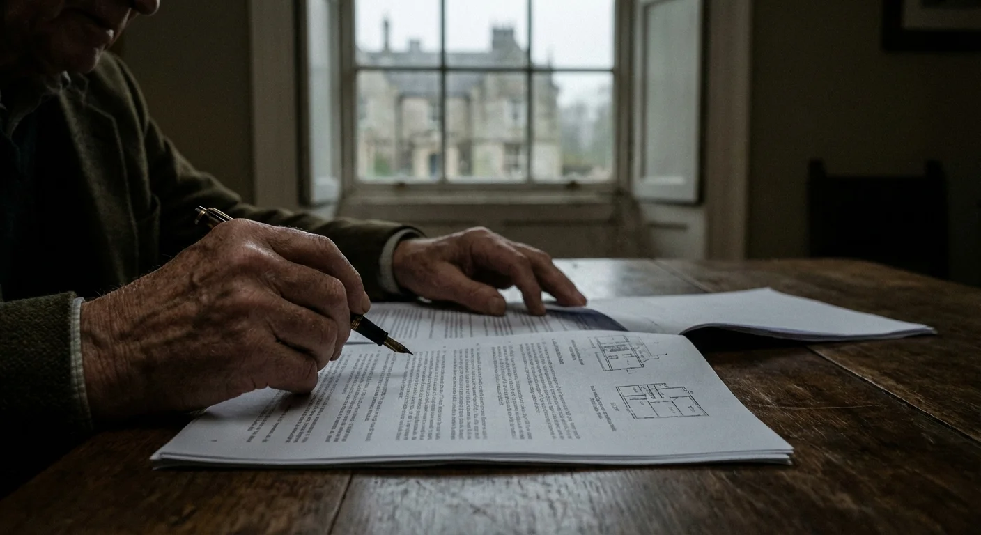 Close-up of a retiree's hands signing a contract with a blurred house in the background, symbolizing significant financial decisions.