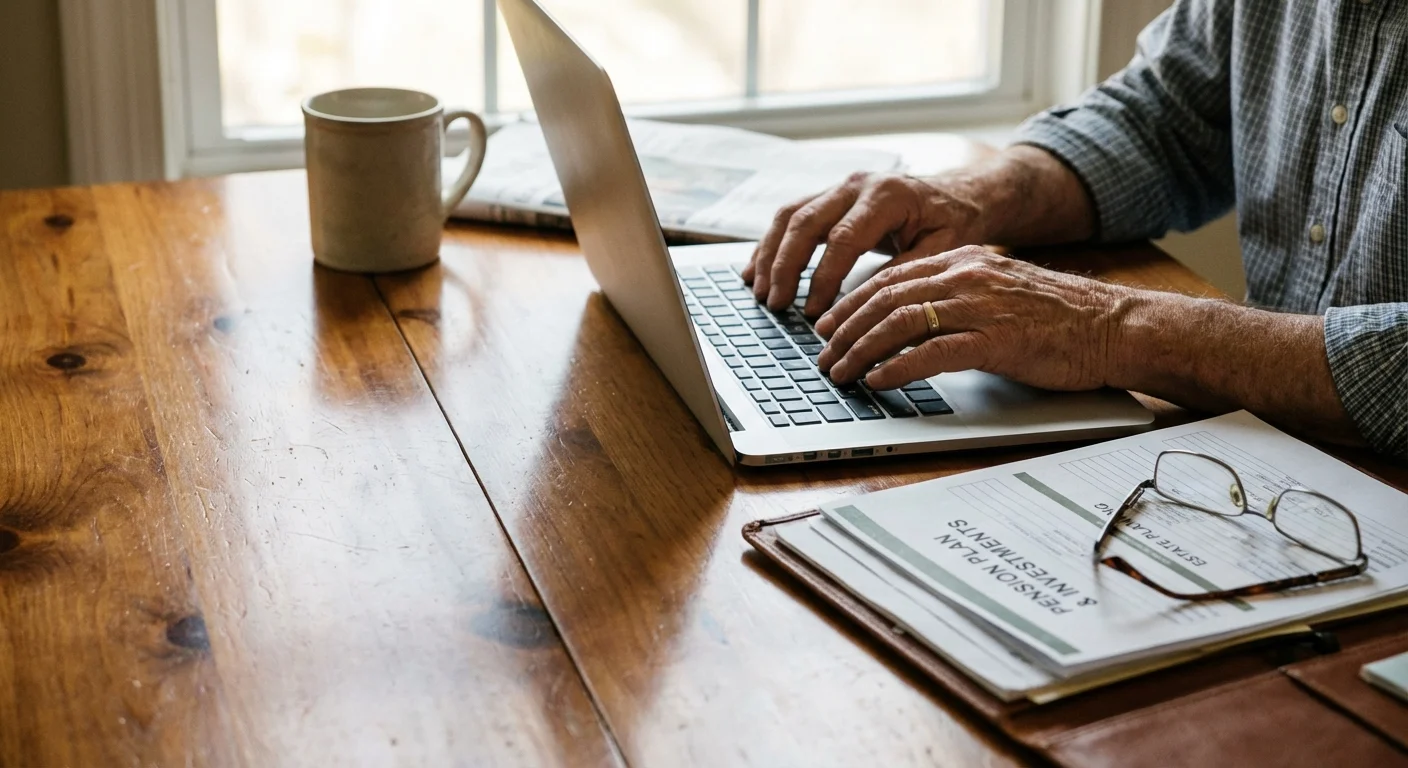 Close-up of a retiree's hands using a laptop to research financial information at a kitchen table.