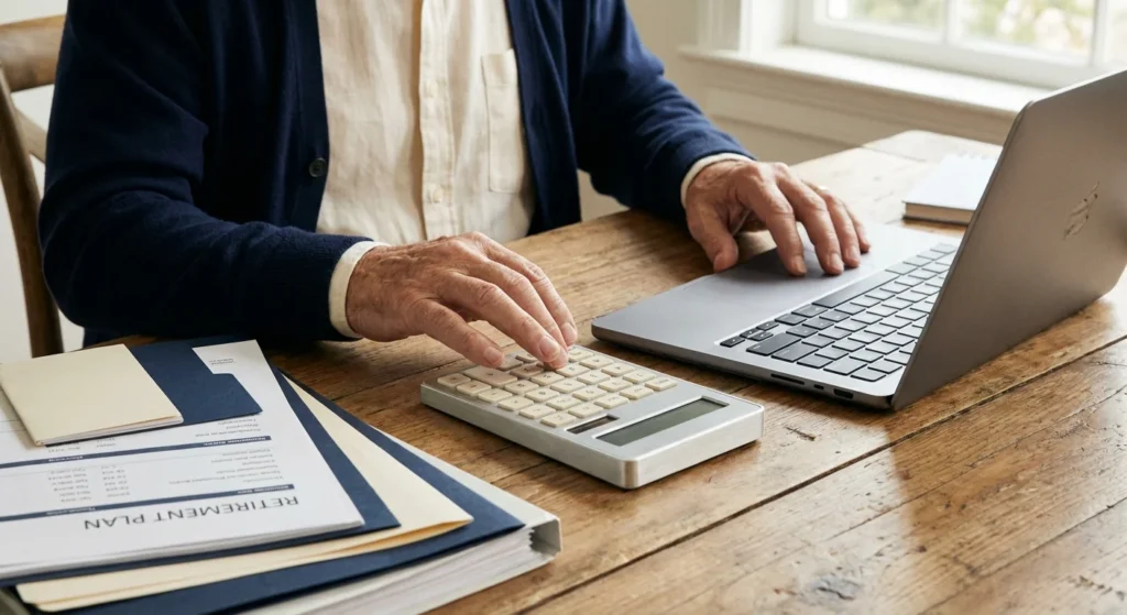 Close-up of a senior managing finances and taxes at a desk.