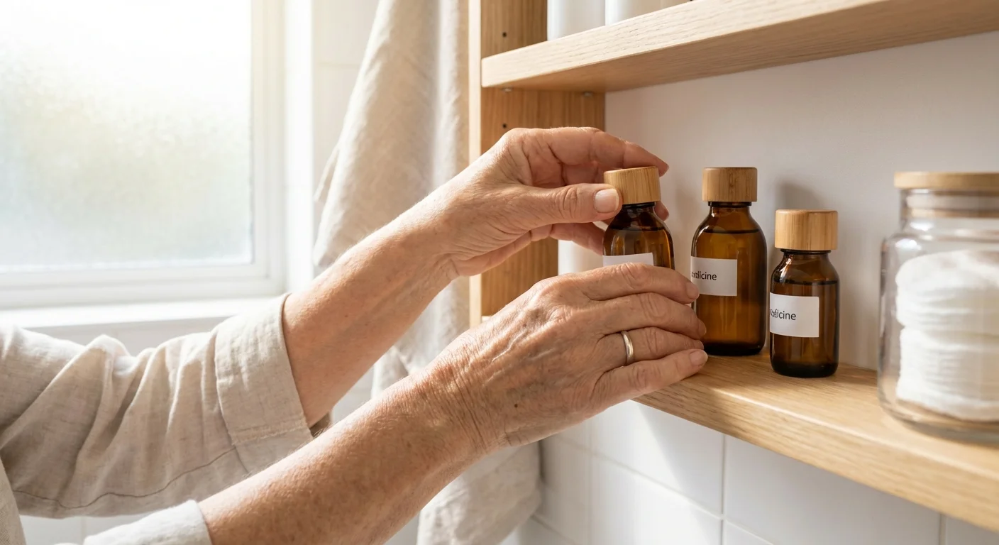 Close-up of a senior person's hands stocking a medicine cabinet with health supplies.