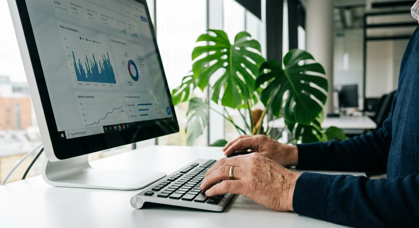 Close-up of a senior professional using modern office technology.