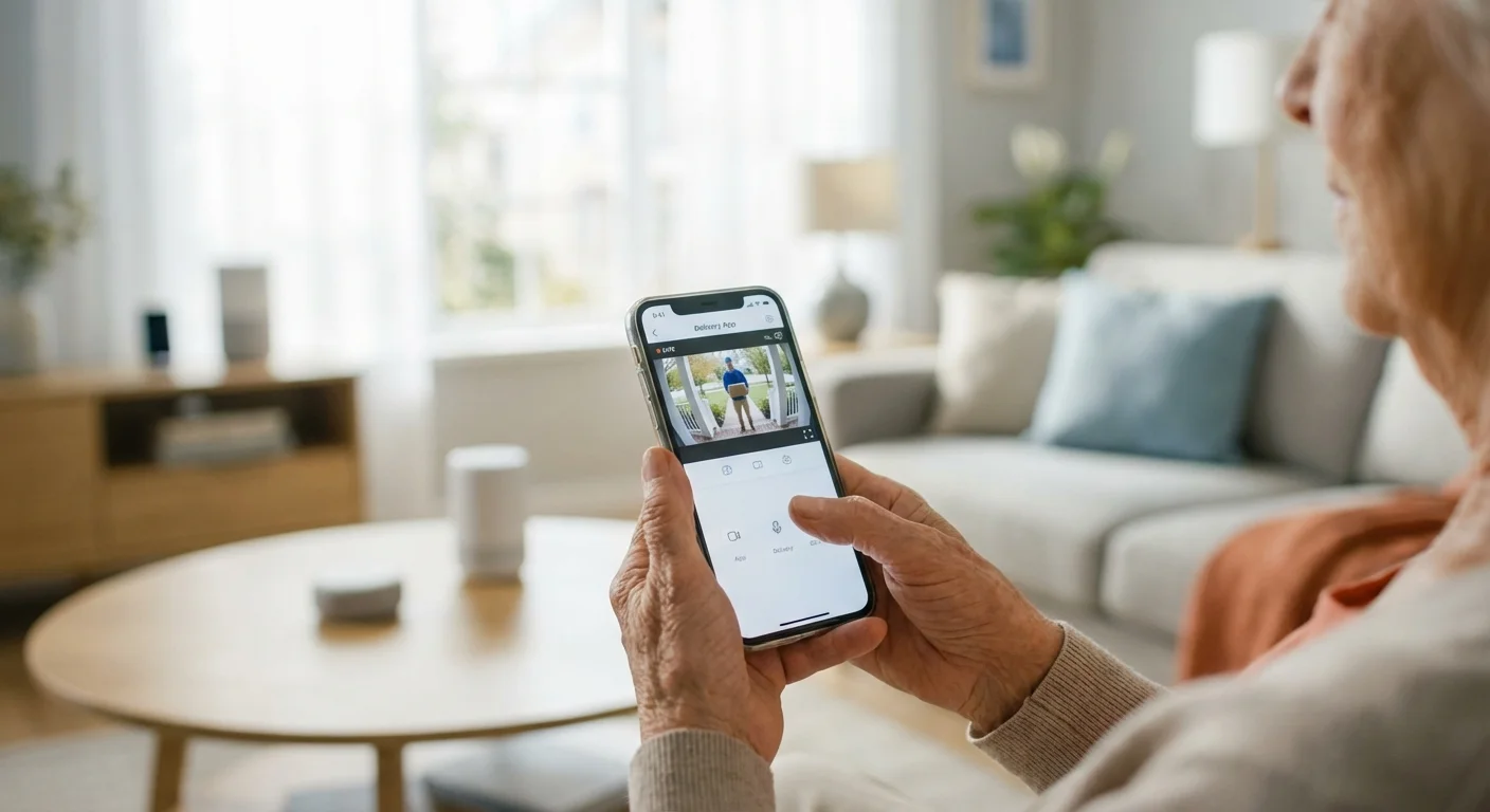 Close-up of a senior using a smartphone app to check their front porch security camera.