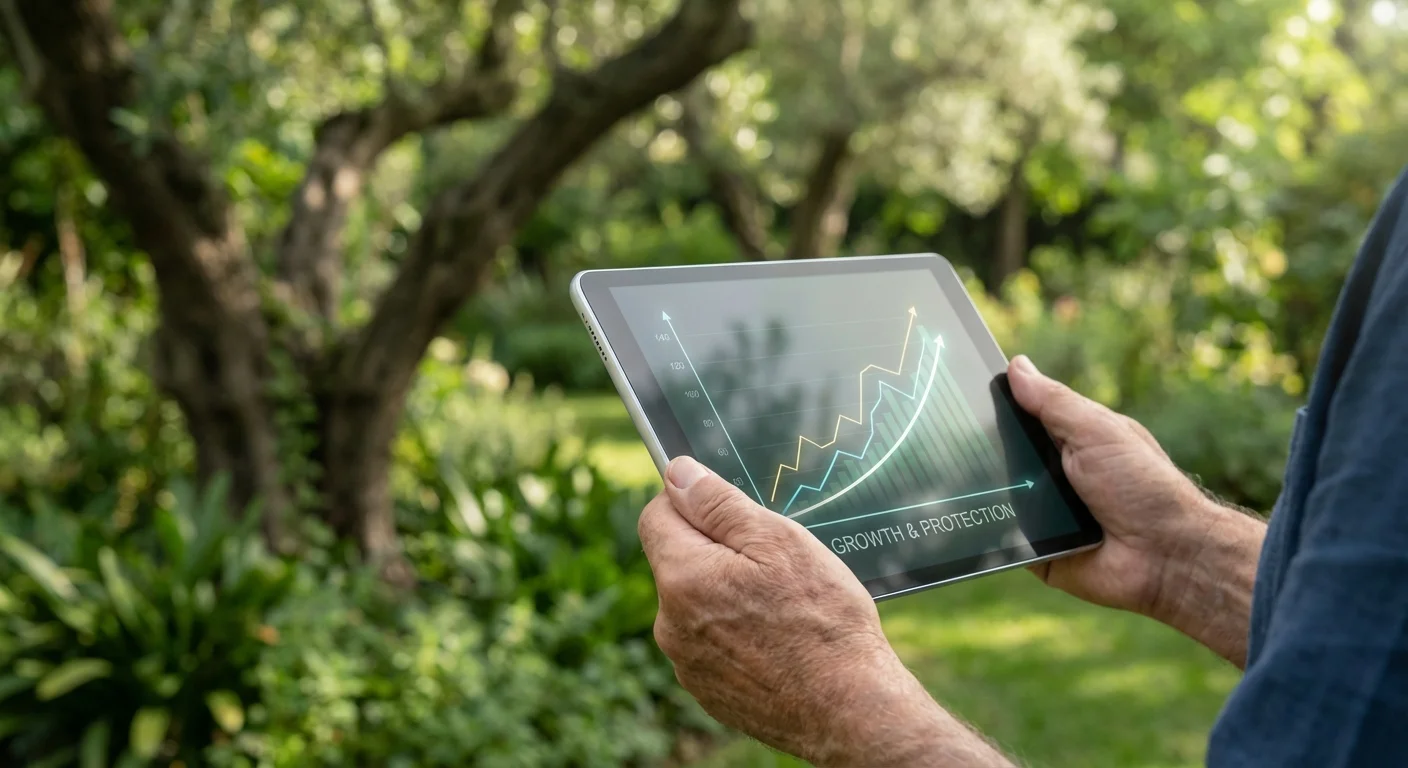 Close-up of a senior using a tablet to monitor financial growth with a garden background.