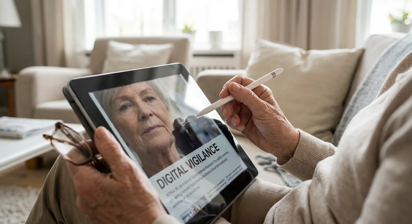 Close-up of a senior woman thoughtfully reviewing information on a digital tablet with a skeptical expression.