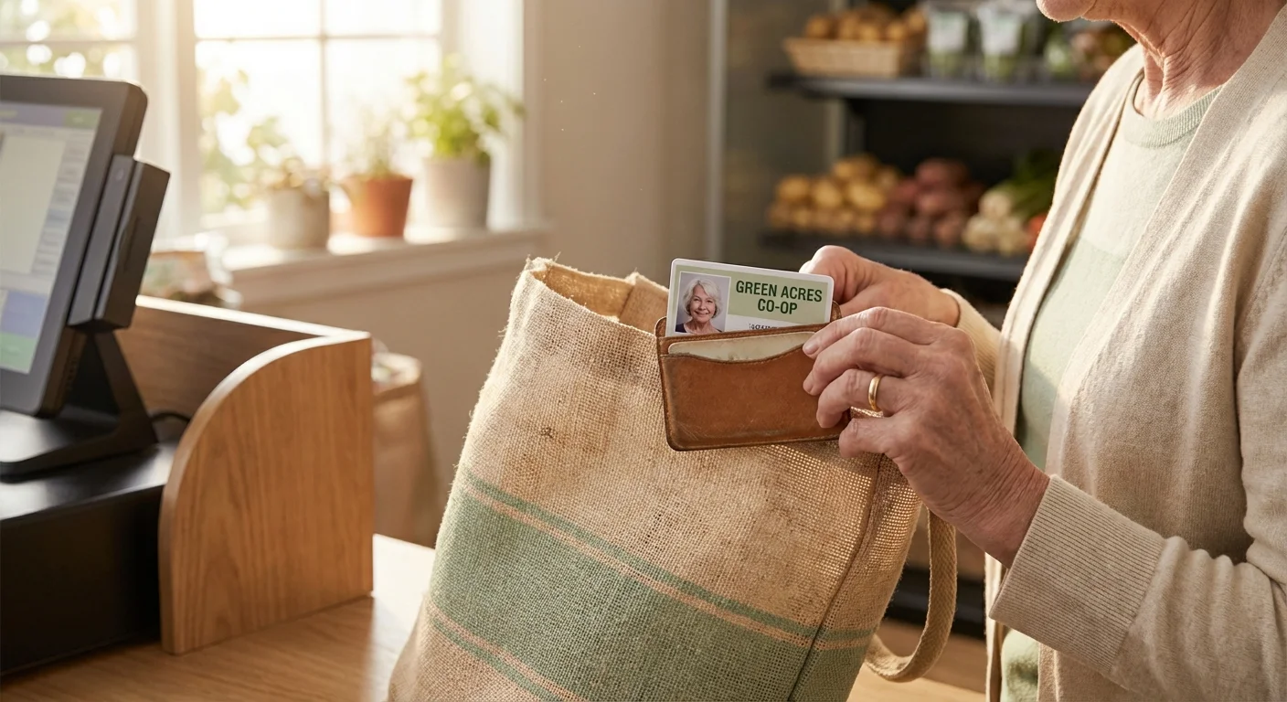 Close-up of a senior woman's hands holding a reusable shopping bag and a store loyalty card.