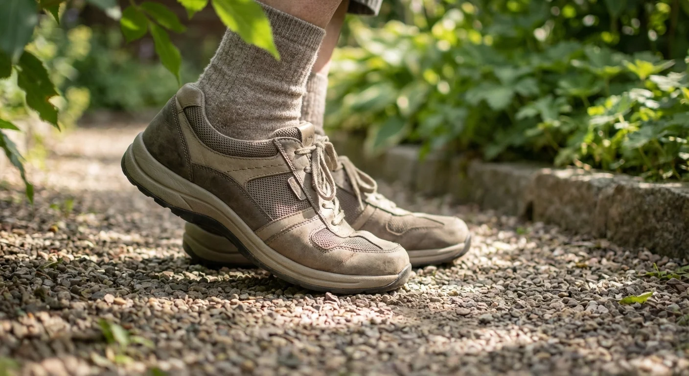 Close-up of comfortable, high-quality walking shoes on a senior person walking in a garden.