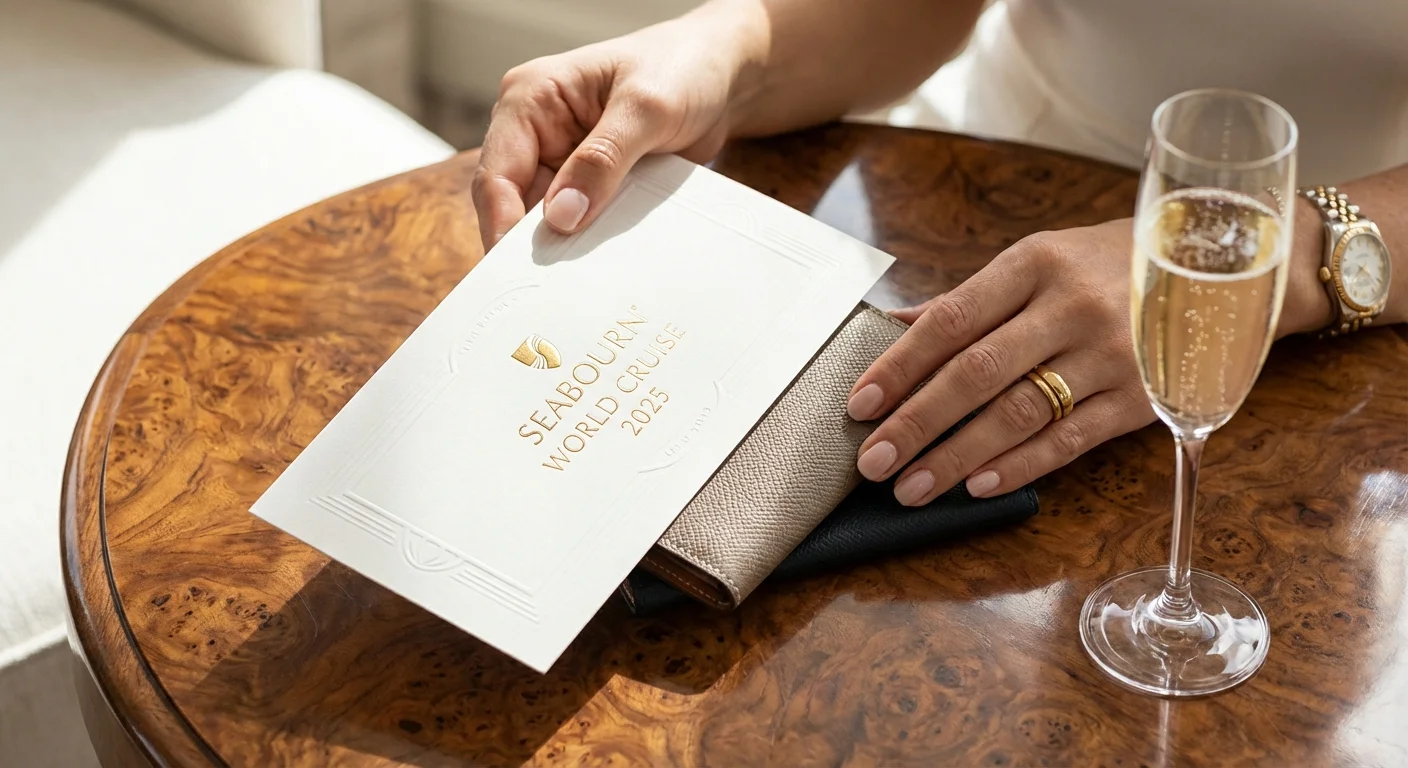 Close-up of cruise tickets and a passport holder on a luxury table.