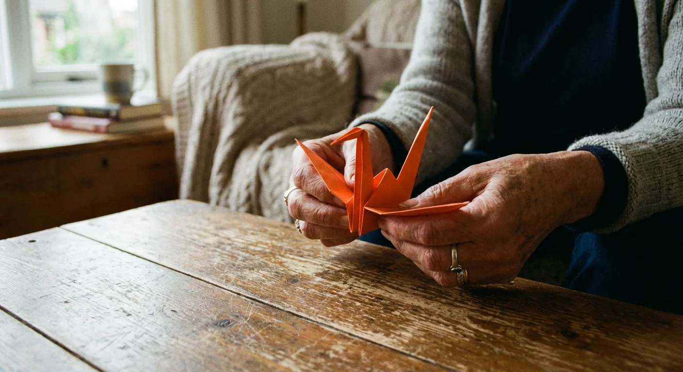 Close-up of hands carefully folding a paper crane using origami techniques.