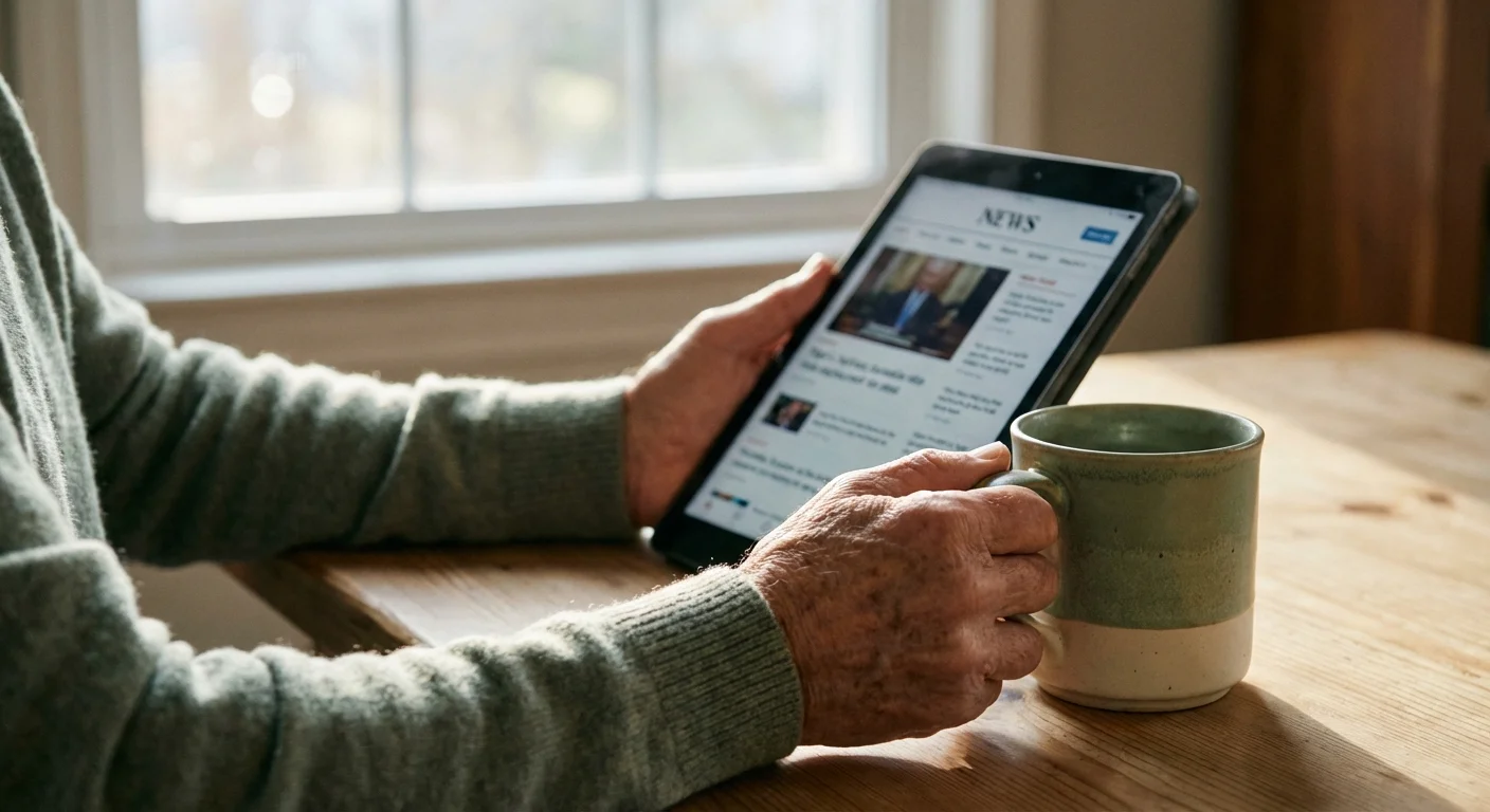Close-up of hands holding a coffee mug and a tablet in soft morning light.