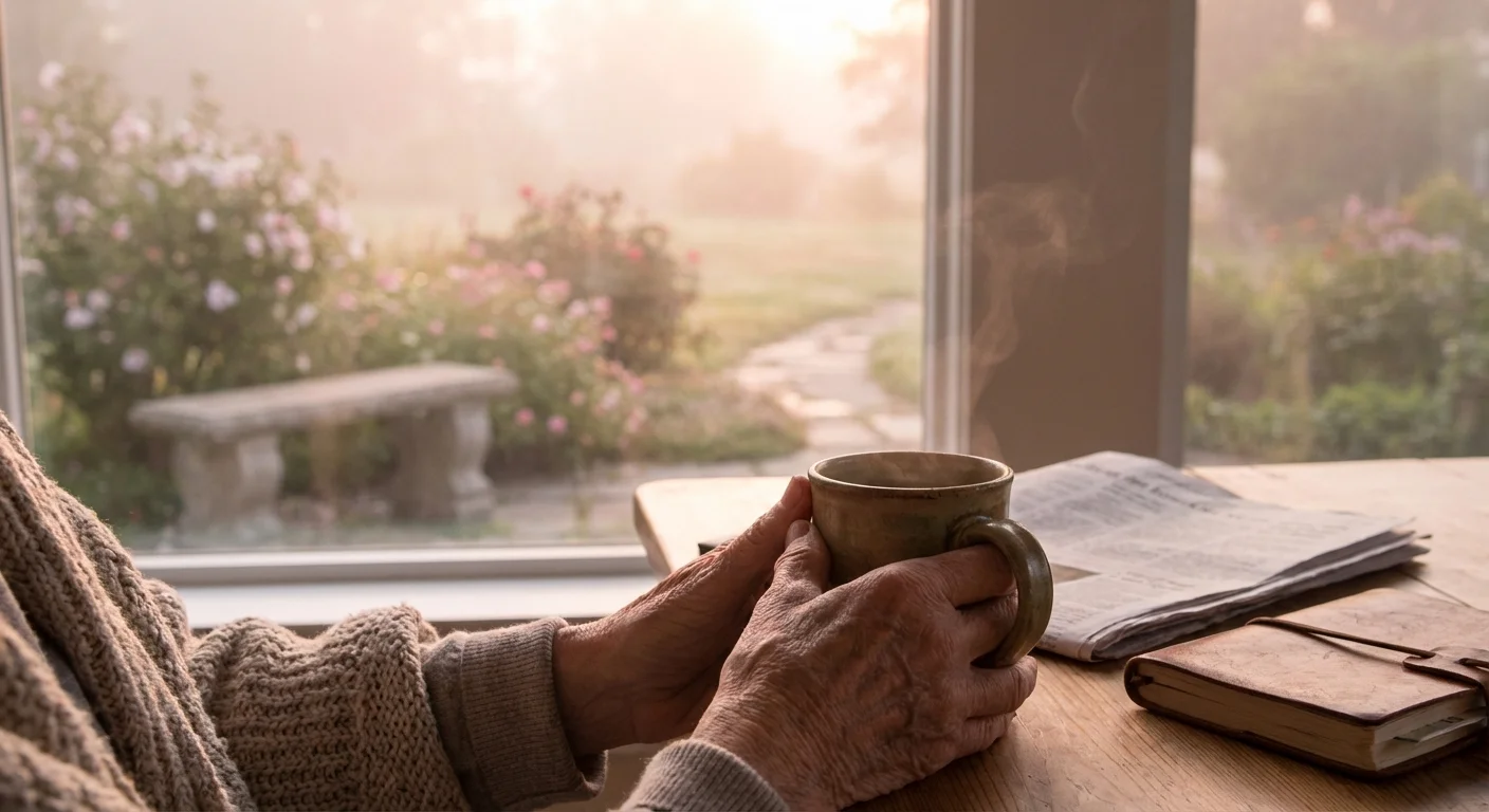 Close-up of hands holding a warm mug, looking out at a garden, symbolizing peace of mind.