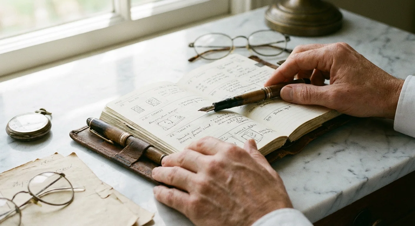 Close-up of hands organizing a professional planner on a marble desk.