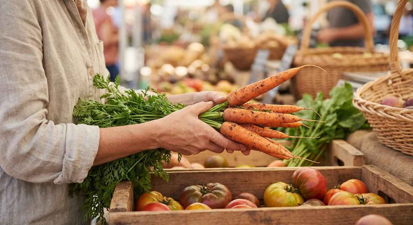 Close-up of hands picking vegetables at a market, representing mindful spending.
