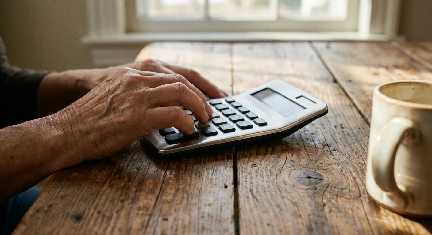 Close-up of hands using a calculator on a wooden table with soft sunlight.