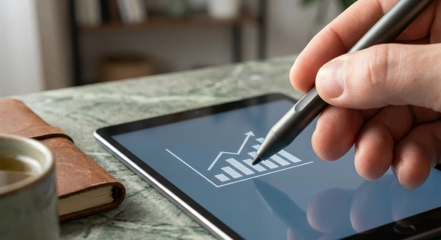 Close-up of hands using a tablet to view financial growth charts on a marble desk.