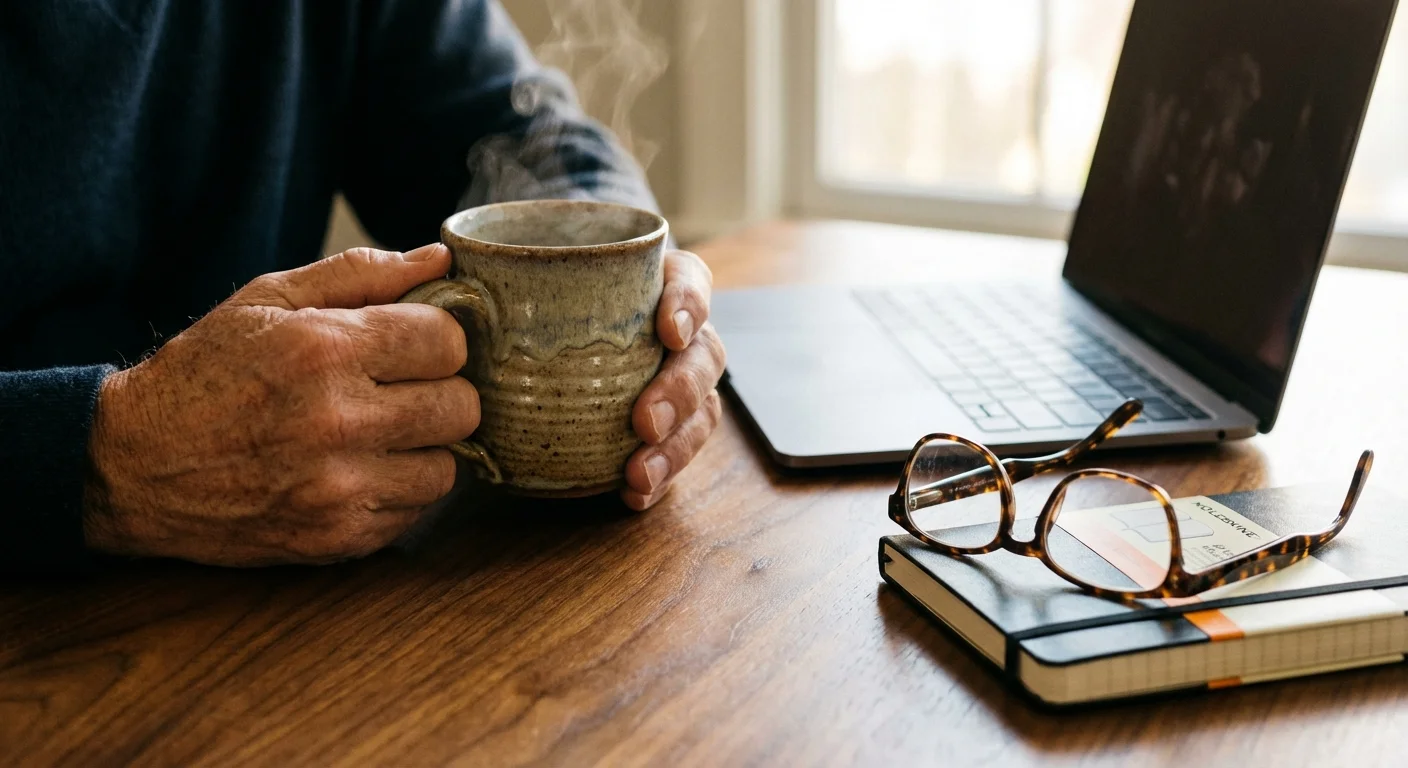 Close-up of hands with a coffee mug and laptop, symbolizing the transition to managing retirement funds.