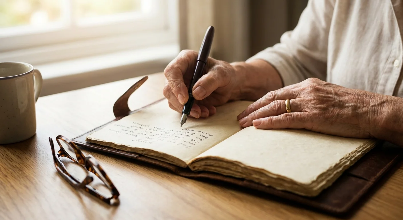 Close-up of hands writing in a planner on a wooden table with soft lighting.