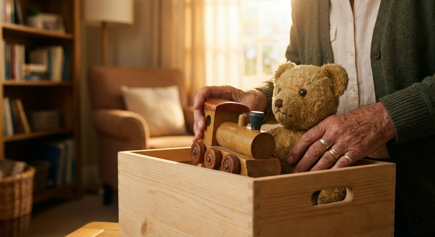 Close-up of senior hands packing vintage toys into a box.