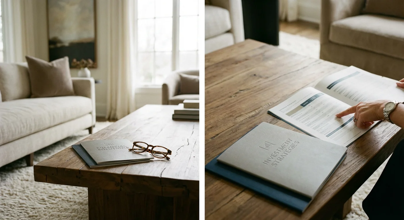 Comparison brochures for Medicare Advantage and Medigap on a wooden table.